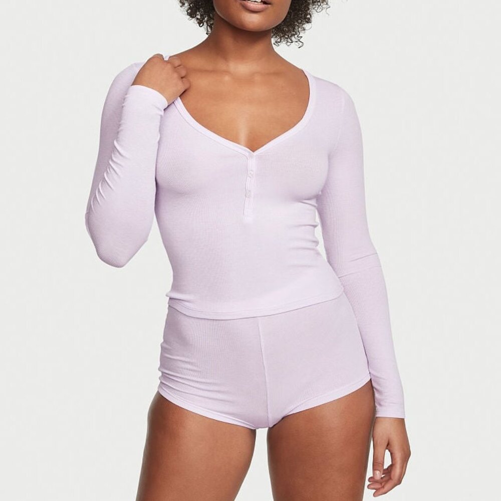 VICTORIA'S SECRET L Ribbed Modal Henley Short Pajama Set Purple So Comfy NWT - Picture 6 of 12